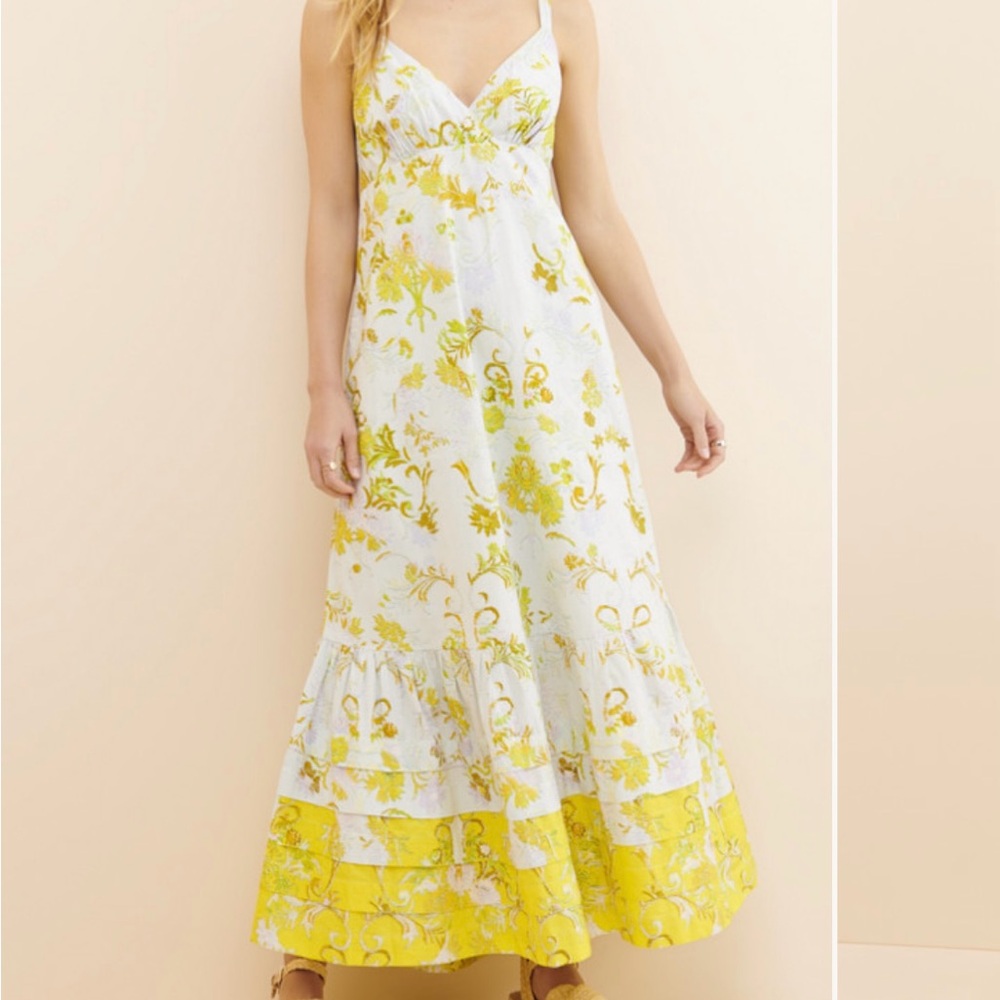 Yellow and White Sleeveless Maxi Sundress for Wedding Guests